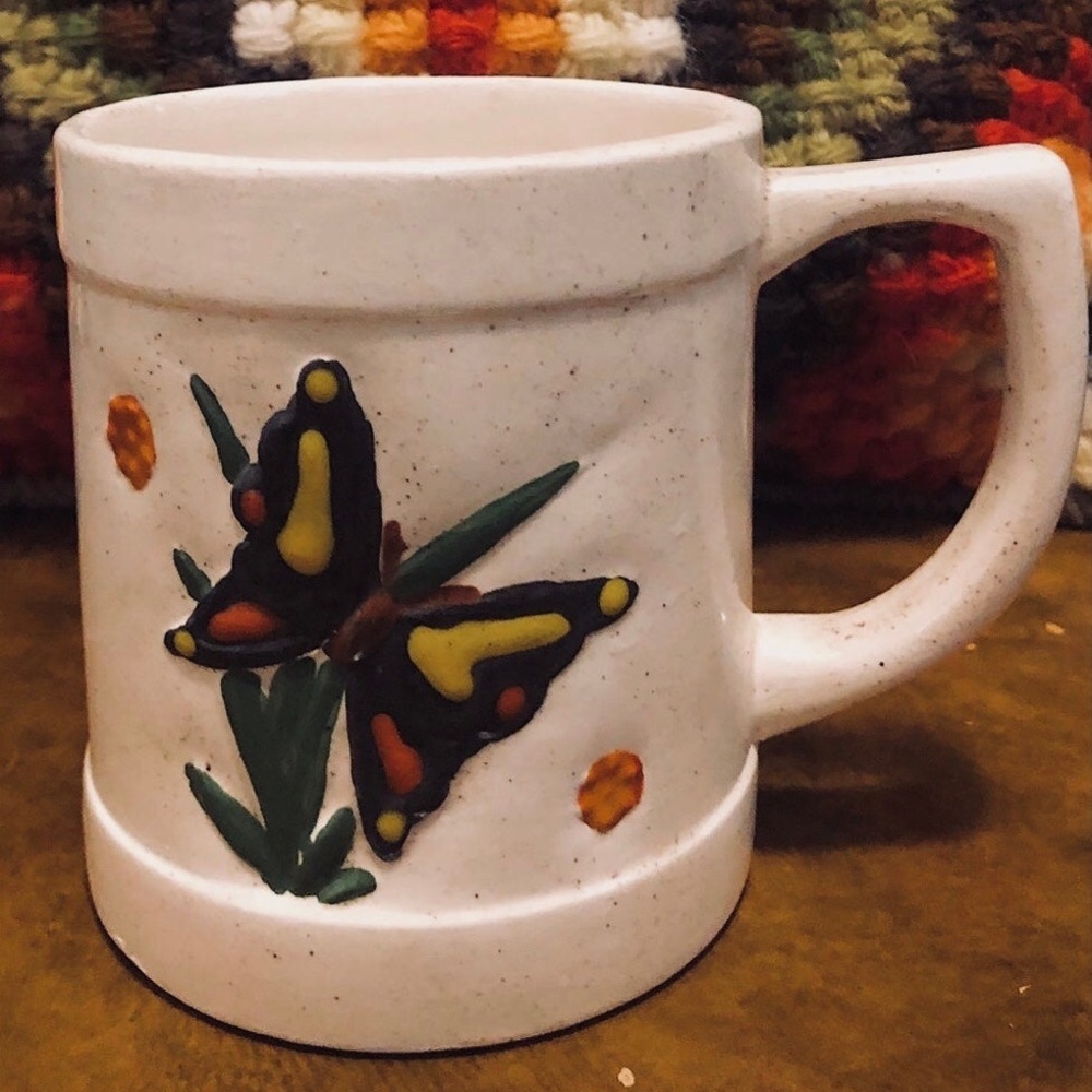 1970s Vintage Boho Butterfly Pottery Mug